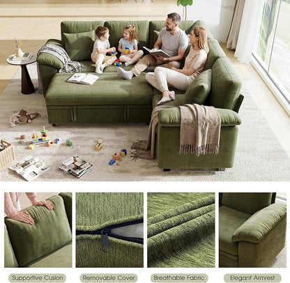Sectional Sleeper Sofa with Pull Out Bed, 86" L Shaped 5 Seat Couch with 151L Storage, Convertible Cloud Couch Bed, Modular Sectional Couches for Living Room, Apartment (Green)