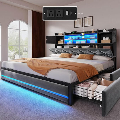 DWVO King Size Bed Frame with RGB LED Lights & Storage Bookcase Headboard, Upholstered Bed with Charging Station and 4 Drawers, No Box Spring Needed, Easy Assembly, Noise-Free, Velvet Grey