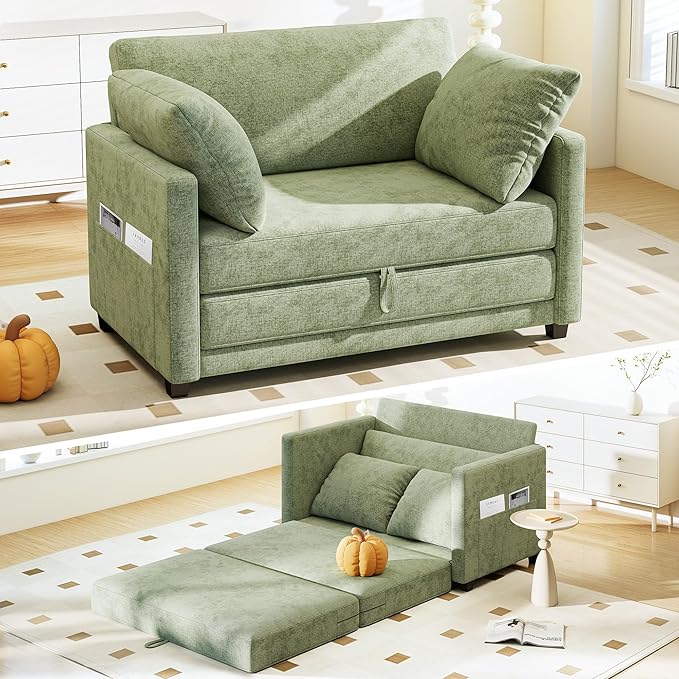 Myroyalsit 51" Convertible Loveseat Sofa Bed, 2-in-1 Folding Sofa Bed with 2 Pillow for Small Spaces, Modern Loveseat Compact Sleeper Couch for Apartment, Living Room & Guest Room (Light Green)