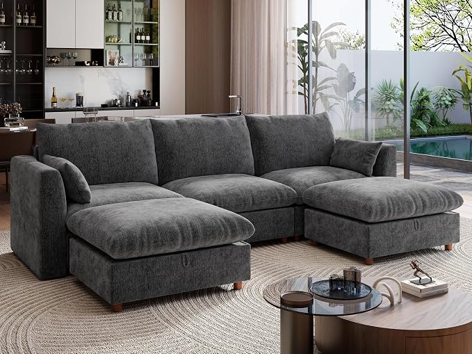 Ihanherry 117" Oversized Modular Sectional Sofa, Modern U Shaped Cloud Couch with 2 Storage Ottoman, 5-Seat Comfy Chenille Deep Seat Sofa with 2 Pillows for Living Room, Grey