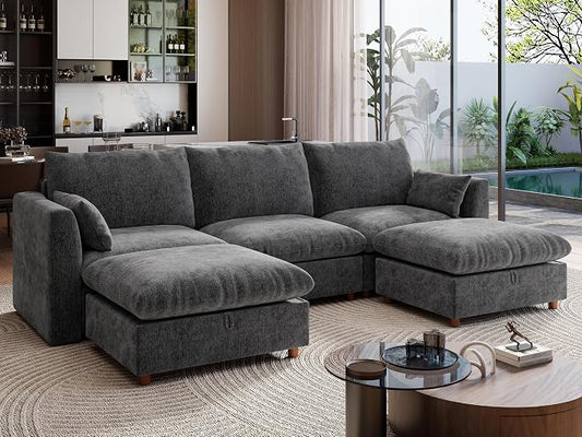 Ihanherry 117" Oversized Modular Sectional Sofa, Modern U Shaped Cloud Couch with 2 Storage Ottoman, 5-Seat Comfy Chenille Deep Seat Sofa with 2 Pillows for Living Room, Grey