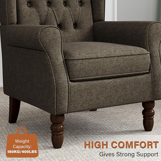 High Back Accent Chairs Set of 2, High Wingback Chair for Living Room, Button-Tufted Upholstered Fabric Armchair with Solid Wood Legs, Comfy Single Sofa Reading Chair for Bedroom, Taupe