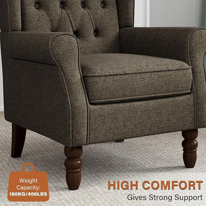 High Back Accent Chairs Set of 2, High Wingback Chair for Living Room, Button-Tufted Upholstered Fabric Armchair with Solid Wood Legs, Comfy Single Sofa Reading Chair for Bedroom, Taupe
