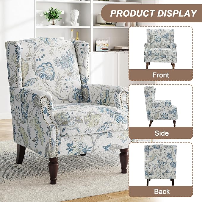 Pia Ricco Set of 2 Floral Accent Chairs, High Back Upholstered Armchairs with Retro Wingback Design, Nailhead Trim & Solid Wood Legs for Living Room Bedroom(Plants Blue)