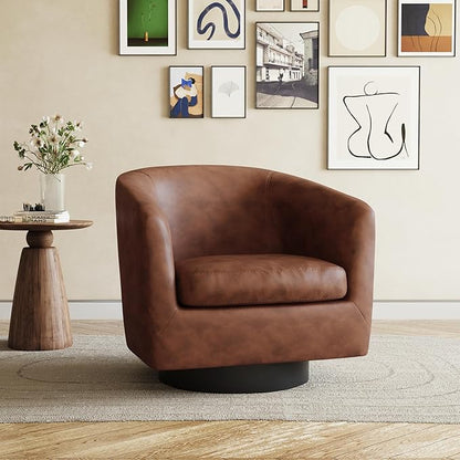 360° Swivel Barrel Accent Chair Armchair, PU Leather Round Club Arm Chair for Lving Room, Modern Upholstered Small Bedroom Single Sofa Seat - Coffee Brown, Set of 1