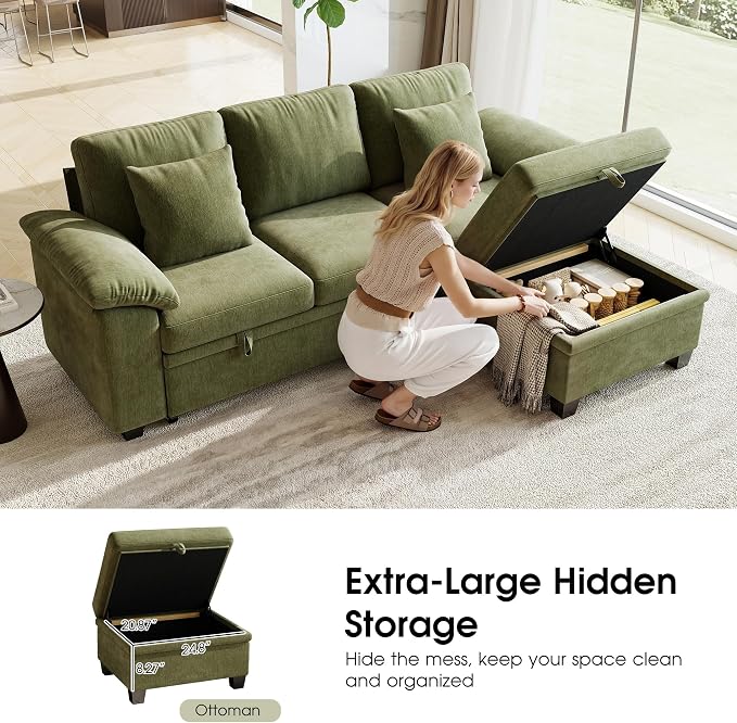 86" Modular Sectional Sleeper Sofa Bed, L Shaped 4 Seat Pull Out Couch with Storage Ottoman, Convertible Cloud Couch Bed, Sectional Couches for Living Room, Apartment (Green)