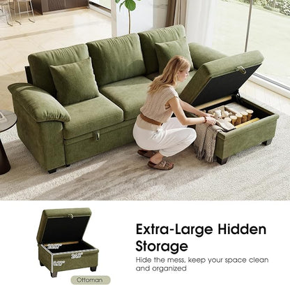 86" Modular Sectional Sleeper Sofa Bed, L Shaped 4 Seat Pull Out Couch with Storage Ottoman, Convertible Cloud Couch Bed, Sectional Couches for Living Room, Apartment (Green)