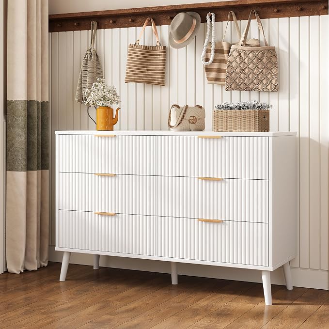 Fluted 6 Drawers Dresser for Bedroom, Wooden Wide Chest of Drawers with Metal Handle, Dresser TV Stand, Closet Storage Organizer for Entryway, Living Room, Hallway (White)