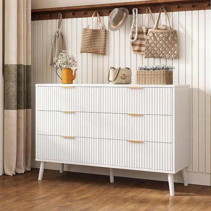Fluted 6 Drawers Dresser for Bedroom, Wooden Wide Chest of Drawers with Metal Handle, Dresser TV Stand, Closet Storage Organizer for Entryway, Living Room, Hallway (White)
