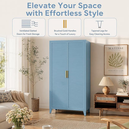 Blue Metal Storage Cabinet with Doors Pantry Cabinet with 3 Adjustable Shelves, 61" Tall Steel Kitchen Storage Locker for Kitchen Living Room Bedroom Home Bathroom