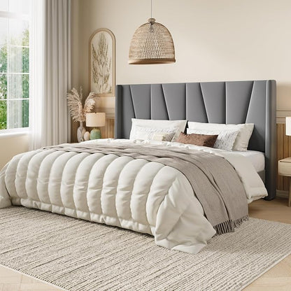 SHA CERLIN King Size Velvet Bed Frame with Geometric Wingback Headboard, Upholstered Platform Bed with Wooden Slats Support, 8" Under-Bed Space, No Box Spring Needed, Easy Assembly Light Grey