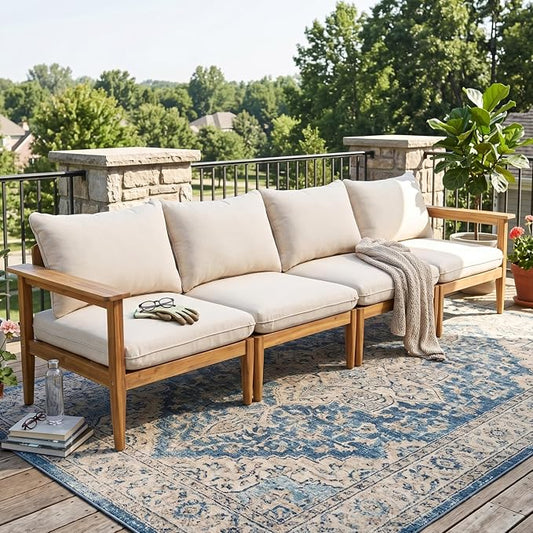 Merax Acacia Wood Outdoor Patio 116 Inch Loveseat Sofa with Cushions, Large 4-Seater Sofa Daybed for Backyard, Lawn, Deck, Balcony, Water Repellent Fabric, 400 lbs Capacity, Light Teak +Beige