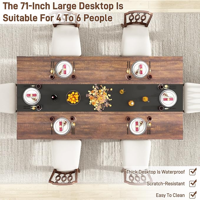 70 INCH Dining Room Table for 4-6 People,Wooden Rectangular Kitchen Table W/Waterproof Thickness Tabletop,Farmhouse Long Dinner Table W/Adjustable Leg for Dining Room,Living Room,Office(Brown&Black)