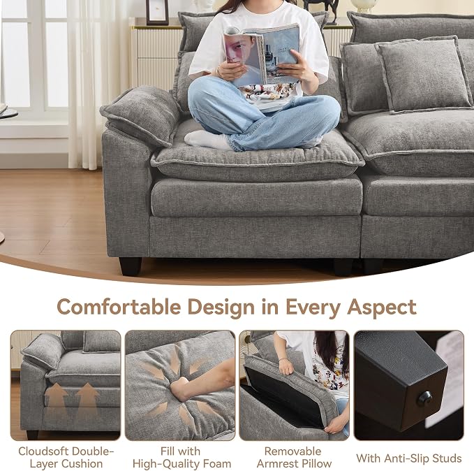 72'' Cloud Modern Loveseat Couch with Detachable Headrest, Modular Sectional Sofa Couch Deep Love Seat, Oversized 2 Seater Chenille Comfy Sofa with Armrests for Living Room, Light Grey