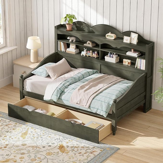Merax Twin Daybed with Storage Drawers, Wood Twin Day Bed with 3-Tier Storage Headboard Shelves, Retro Style Twin-Size Daybed for Bedroom Guest Room, No Box Spring Needed, Easy Assembly, Grey