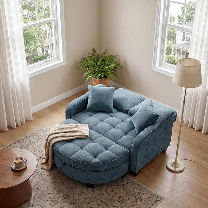 ERYE Chenille Tufted Loveseat Sofa and Ottoman Set, Tufted Recliner Sleeper Chaise Lounge with Curved Storage Ottoman,Reclining Backrest and Side Pockets, 4 Pillows