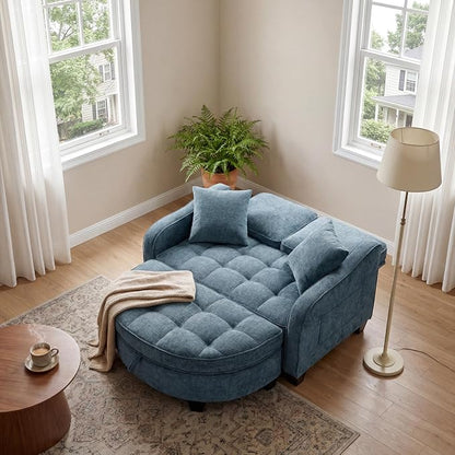 ERYE Chenille Tufted Loveseat Sofa and Ottoman Set, Tufted Recliner Sleeper Chaise Lounge with Curved Storage Ottoman,Reclining Backrest and Side Pockets, 4 Pillows