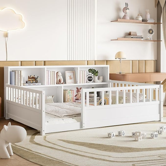 Bellemave Full Size Montessori Floor Bed with Bookcase, Full Size Floor Bed with Rails and Storage Shelves, Easy Assemble Montessori Beds Frame for Girls, Boys, White