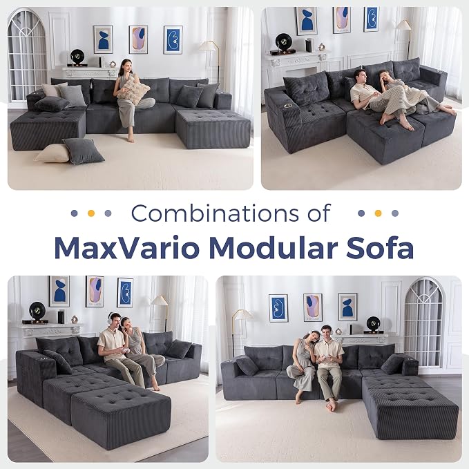 MAXYOYO 129.5" Modular Sectional Sofa Couch, U Shaped Modern Cloud Couch with 2 Ottomans, Sofa in A Box, Tufted 6-Seat Boneless Chair for Living Room, No Assembly Required, Grey