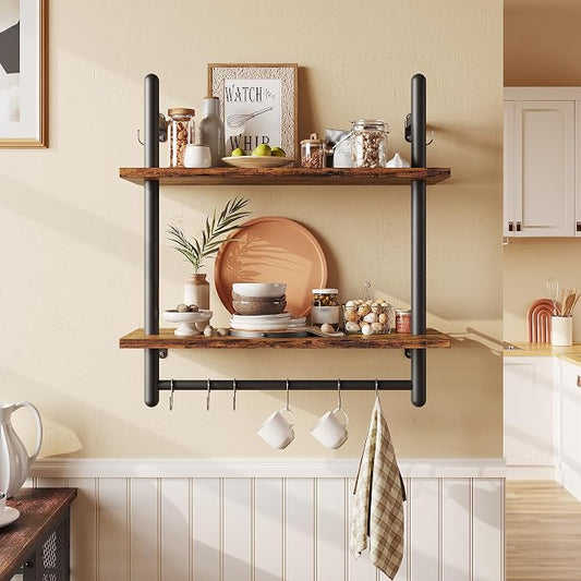 Bestier 24" Floating Kitchen Shelves Wall Mounted 2 Tier Coffee bar Shelves with 8 Hooks, Industrial Wall Shelf for Kitchen, Living Room Bedroom, Rustic Brown