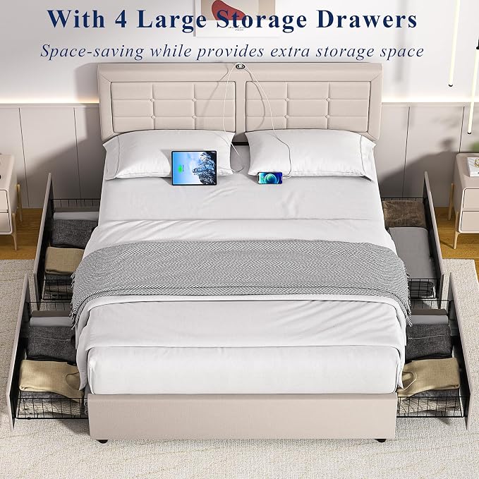 VECELO Queen Size Bed Frame with 4 Storage Drawers & Adjustable Headboard, Built-in Charging Station, Upholstered Bedframe with Wood Slats Support, Beige