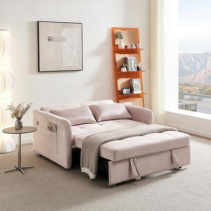 55.5" Velvet Convertible Sofa Bed, Pull Out Sleeper Sofa Bed, Loveseat Couch with USB Charging Ports, 3 in 1 Convertible Sleeper Sofa Bed for Living Room, Apartment, Bedroom, RV, Pink