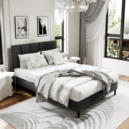 Sismplly Full Size Platform Bed Frame with Upholstered Headboard, Wooden Slats Support, Noise Free, No Box Spring Needed, Easy Assembly, Dark Grey, Linen