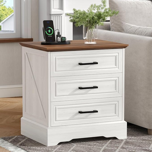 Akxomel Farmhouse Nightstand with Charging Station, 22" Wide Bedside Table with 3 Large Drawers & Bar Handles, Side End Table with Stable Support Base, for Bedroom, Off White