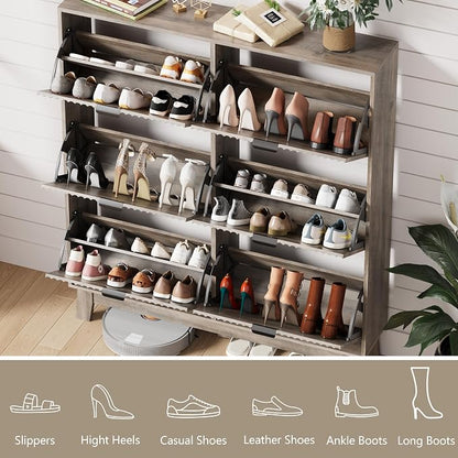 HUANLEGO Shoe Cabinet Storage for Entryway with 6 Flip Drawers, Fluted Narrow Shoe Organizer with Wooden Legs, Freestanding Slim Shoe Storage Hidden Shoe Rack Organizer for Front Door Entrance, Grey