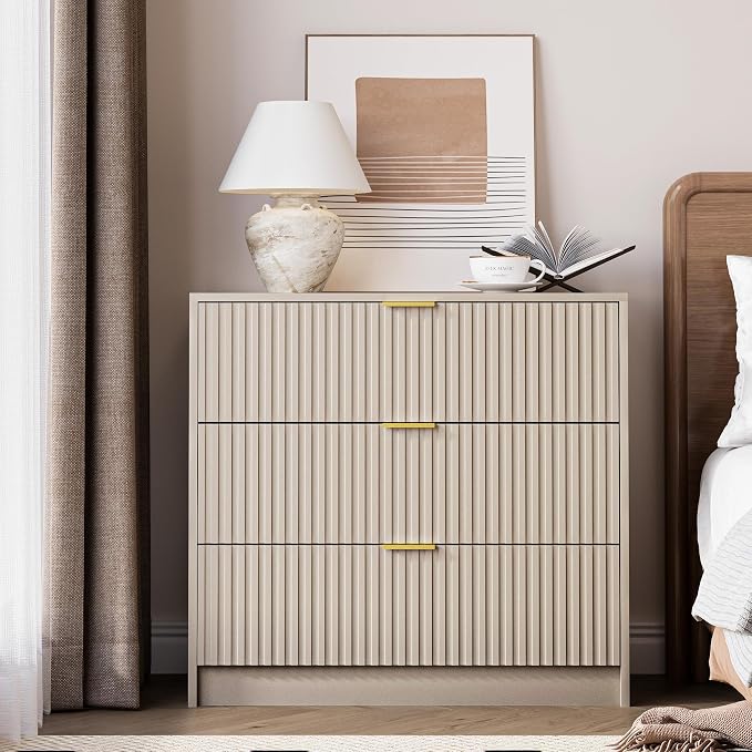 MAISONARIA 3-Piece Dresser Bedroom Set, 6 Drawer Dresser & 3 Drawer Nightstands with Gold Handles, Fluted Wood Chest of Drawers for Bedroom, Living Room, Entryway, Beige