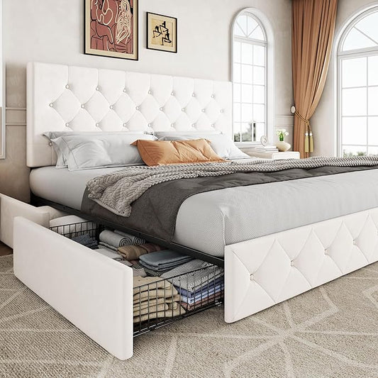 Allewie Upholstered King Size Platform Bed Frame with 4 Storage Drawers and Adjustable Headboard, Diamond Button Tufted, Wooden Slats Support, Noise-Free, No Box Spring Needed, Easy Assembly, White