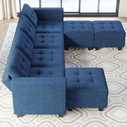 Belffin Modular Storage U-Shape Sectional Sofa Couch with Reversible Chaises 7-seat Sofa with Storage Seat Modular Sectional Sofa Set with Ottomans Modern Fabric Blue