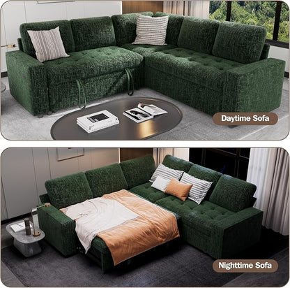 Sunny Heart Modular Sectional Sleeper Sofa with Pull Out Bed, Chenille L Shaped Sectional Sofa with USB Ports/Adjustable Backrest/Storage Seats, Tool-Free Assembly, Couches for Living Room Green