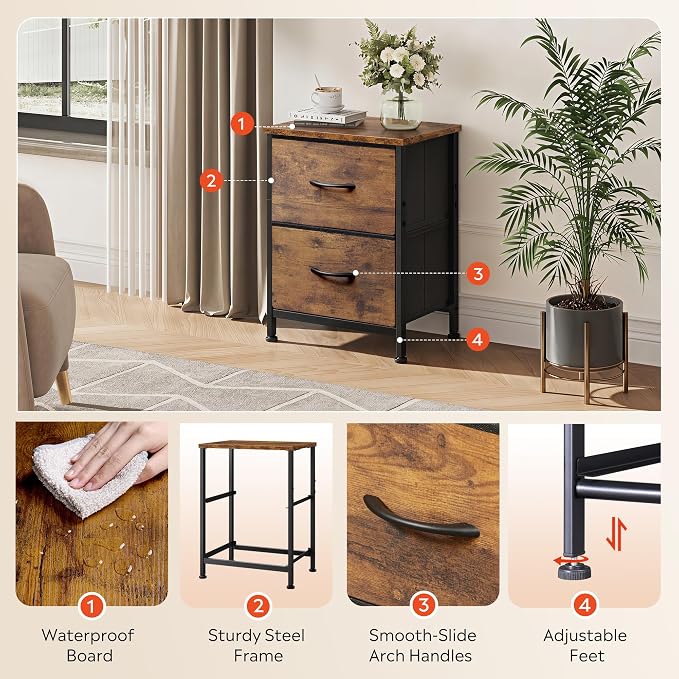 WLIVE Night Stand, Small Dresser with 2 Drawers & Wooden Top, Nightstand with Fabric Bins, Bedside Table End Table for Bedroom, Closet, Entryway, College Dorm, Rustic Brown