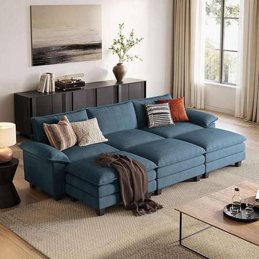 LINSY HOME 123'' Modular Sectional Sofa 3 Seat Couch Corduroy Cloud Couch with Deep Seat, Modern Cloud Couch with 3 Movable Ottoman for Living Room, Office, Bedroom, Blue