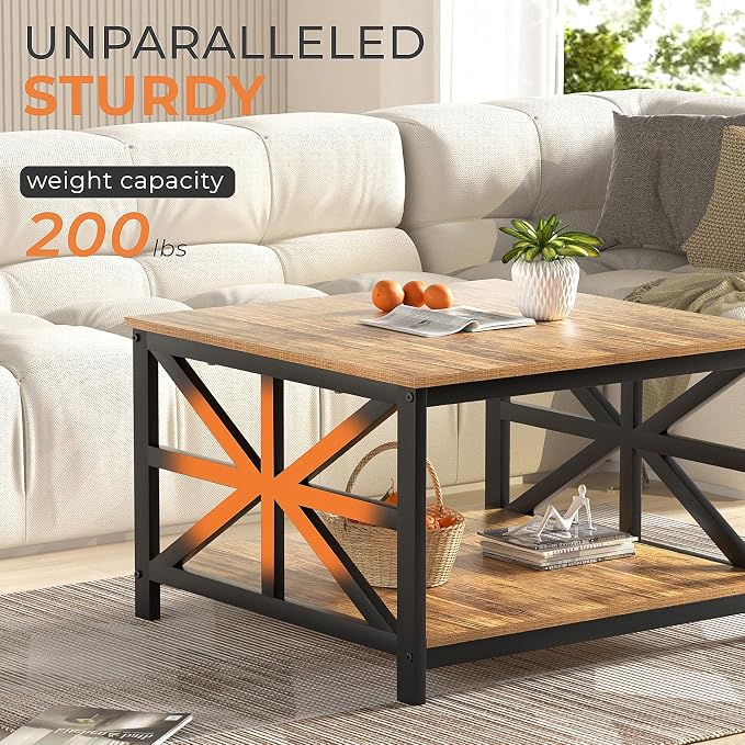 GreenForest Rustic Living Room Coffee Table with 2 Tier Storage | X Metal Frame Square Center Table with Seamless One-Piece Tabletop,27.55 inch Sofa Table,Scratch-resistant,Walnut