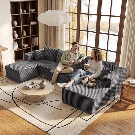 Modular Sectional Cloud Couch Boneless Convertible Sofa for Living 118" U-Shape Memory Foam Sectional Couches with Oversized Chaise