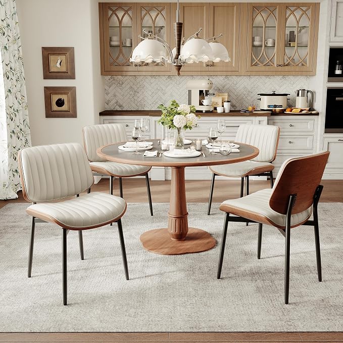 MALOL Leather Dining Chairs Set of 2, Modern Upholstered Dining Room Kitchen Chairs with Metal Legs and Wooden Back Support for Home Dining Room/Restaurant, Beige