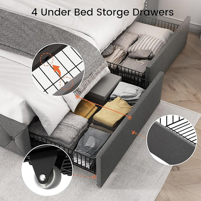 LARMACE Upholstered King Size Bed Frame with 4 Storage Drawers and 47.2" Tall Wingback Headboard Tufted Platform Bed Frame Linen Beds with Wooden Slats Support, Easy Assembly, Light Grey