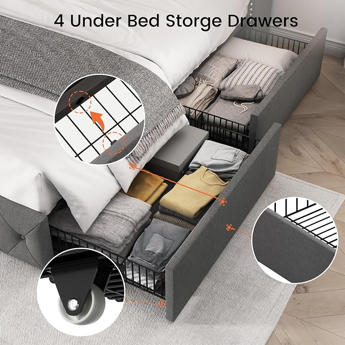 LARMACE Queen Size Platform Bed Frame with 4 Storage Drawers and 47.2" Tall Tufted Headboard Linen Upholstered Bed Wingback Bed Frame with Wooden Slats Support, Easy Assembly, Light Grey