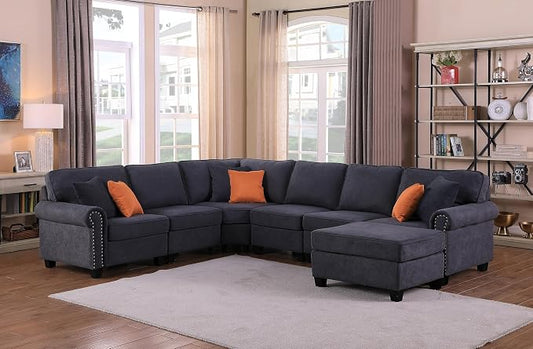 Ball & Cast 116" L-Shaped Sectional Couch with Movable Ottoman & Nailhead Trim Armrest,7 Seat Chenille Upholstered Sofa W/ 6 Throw Pillows,DIY Combination,Comfy Sectionals Set for Living Room,Gray