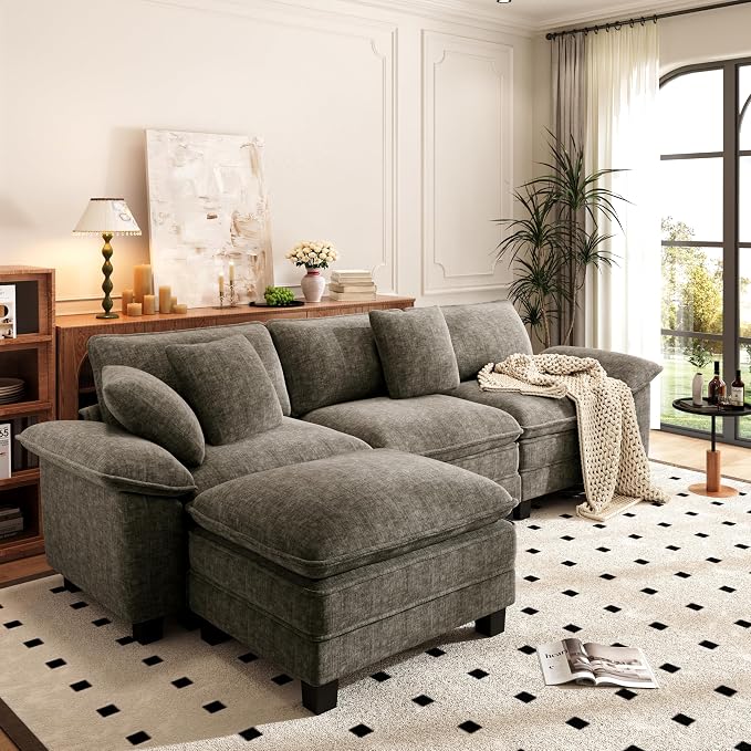 PHI VILLA Cloud Modular Couch Sets, 123.6" Sectional Sofa with L-Shaped Chaise, 4-Seater Upholstered Couches with Movable Ottoman for Living Room, Chenille Fabric, Smoky Grey