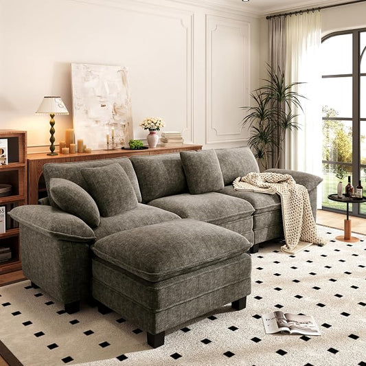 PHI VILLA Cloud Modular Couch Sets, 123.6" Sectional Sofa with L-Shaped Chaise, 4-Seater Upholstered Couches with Movable Ottoman for Living Room, Chenille Fabric, Smoky Grey