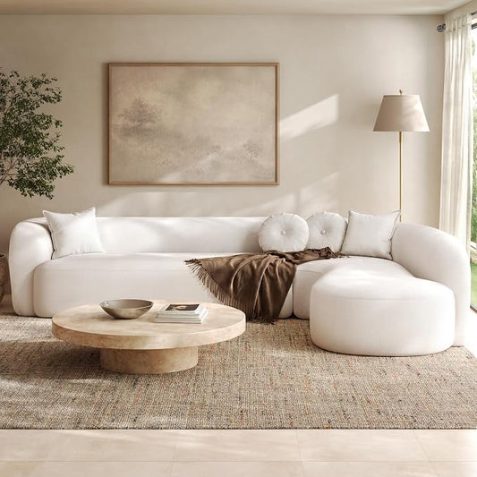 Curved Sectional Sofa with Chaise, 128" Oversized Cloud Couch, Chenille Fabric, High-Density Foam, Deep Seating, No Assembly, L-Shaped Sectional, Modern Living Room Sofa, Cream White