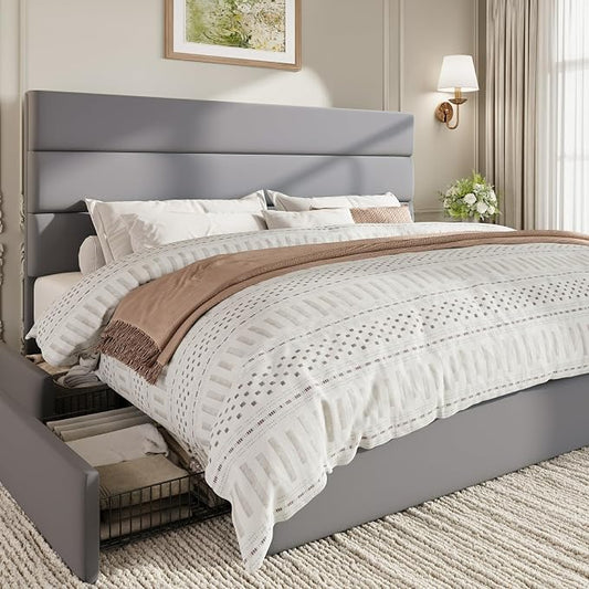 SHA CERLIN King Size Platform Bed Frame with 4 Storage Drawers, Velvet Upholstered Headboard, Mattress Foundation with Wooden Slats Support, No Box Spring Needed, Easy Assembly, Grey
