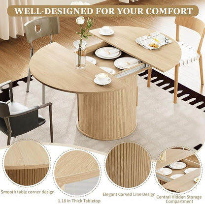 weselon 43"-59" Extendable Round to Oval Dining Table with Hidden Storage, Modern Wooden Kitchen Table with Fluted Sliding Door Cabinet, Expandable Dinner Table for Dining Room Living Room (Natural)