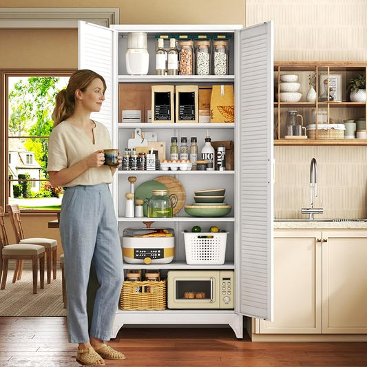 75" Metal Pantry Cabinet,Kitchen Storage Cabinet with Shelves | Louvered Metal Storage Cabinet,Adjustable Shelves,Gold Handles,Leveling Feet,Anti-tipping,for Garage/Kitchen White