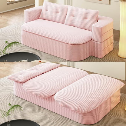 78.7" Futon Sofa Bed, 2-in-1 Foldable Sleeper Sofa, Convertible Sofa Bed with Pillows, Corduroy Couch with Multi Functional Blanket Upholstered Boneless Couches for Living Room, Creamy Pink