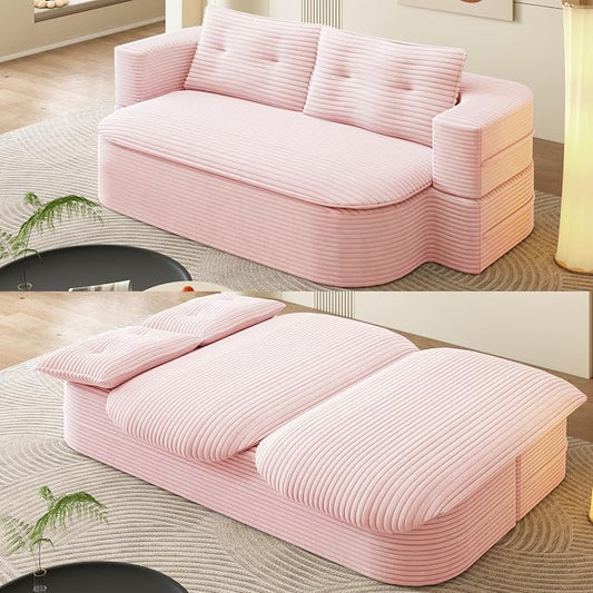 78.7" Futon Sofa Bed, 2-in-1 Foldable Sleeper Sofa, Convertible Sofa Bed with Pillows, Corduroy Couch with Multi Functional Blanket Upholstered Boneless Couches for Living Room, Creamy Pink