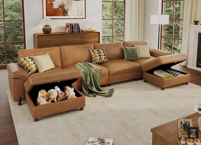 SITJOY Large Cloud Couch, 149" Wide 4 Seater U Shape, Faux Leather in Brown | Pet-Friendly Scratch-Resistant Leather Sectional Sofas for Living Room, Deep Seat Wide Couch with Chaise, Storage Ottoman